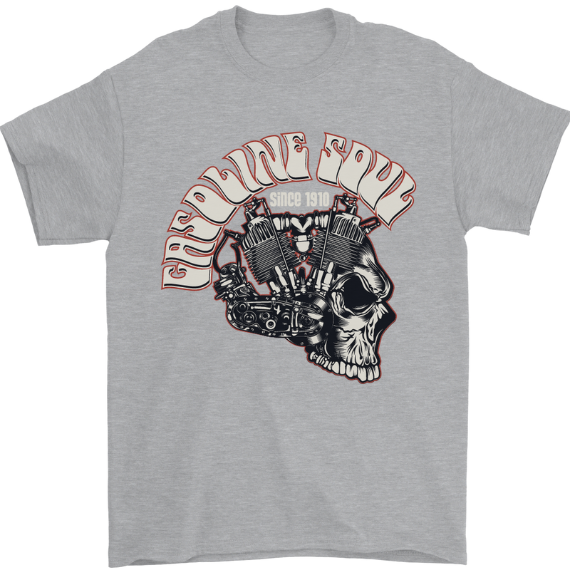 Gasoline Soul Biker Skull Motorbike Chopper Mens T-Shirt Cotton Gildan Sports Grey