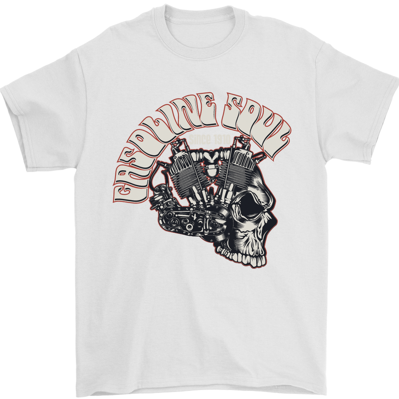 Gasoline Soul Biker Skull Motorbike Chopper Mens T-Shirt Cotton Gildan White