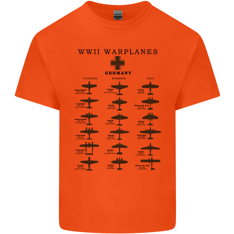 German War Planes WWII Fighters Aircraft Mens Cotton T-Shirt Tee Top Orange