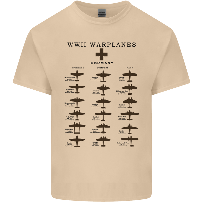 German War Planes WWII Fighters Aircraft Mens Cotton T-Shirt Tee Top Sand
