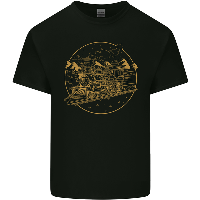 Gold Locomotive Steam Engine Train Spotter Mens Cotton T-Shirt Tee Top Black