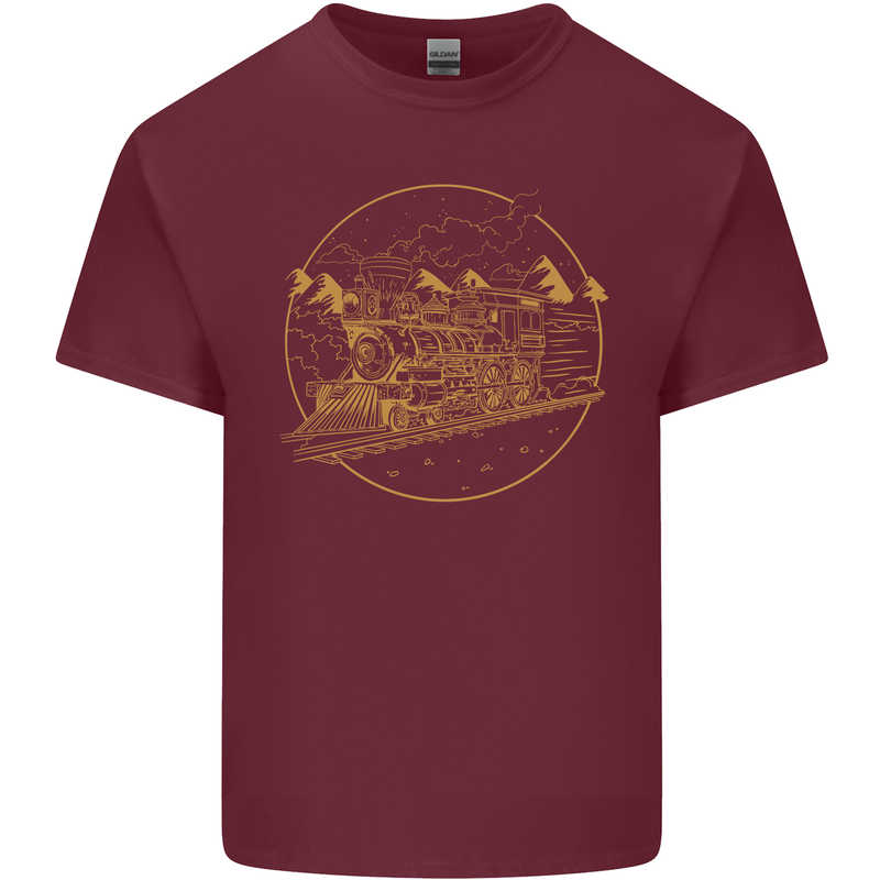 Gold Locomotive Steam Engine Train Spotter Mens Cotton T-Shirt Tee Top Maroon