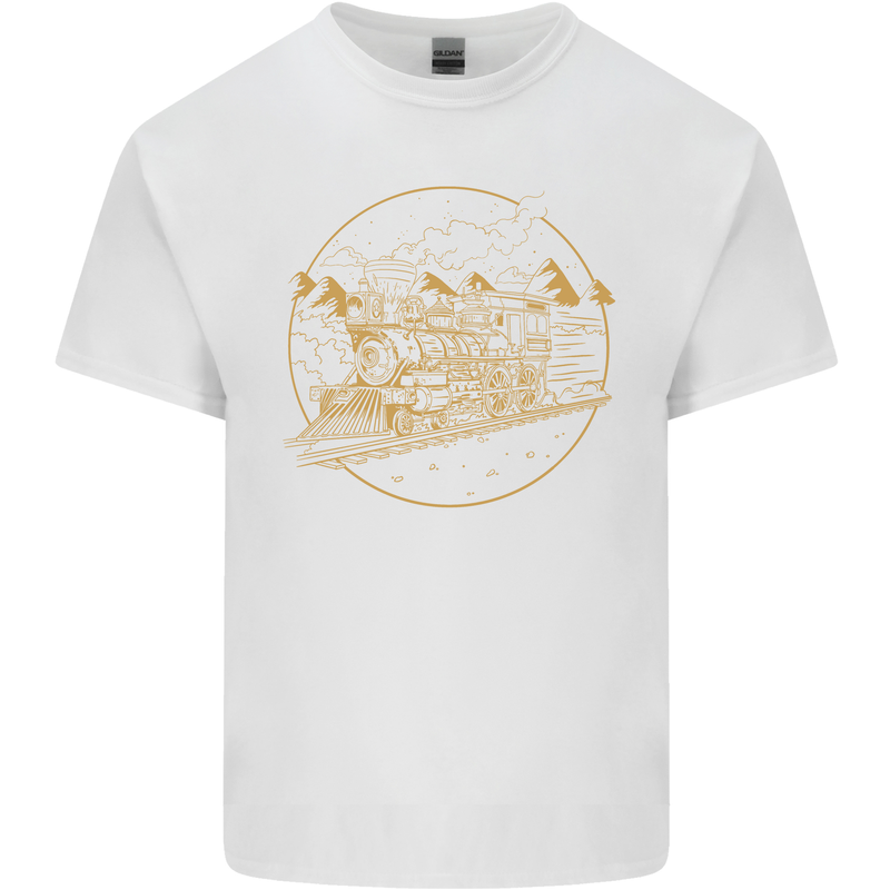 Gold Locomotive Steam Engine Train Spotter Mens Cotton T-Shirt Tee Top White