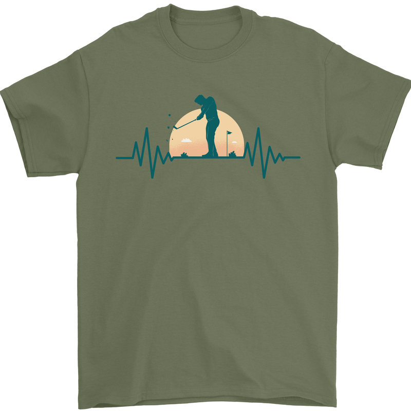 Golf Heartbeat Pulse Mens T-Shirt Cotton Gildan Military Green