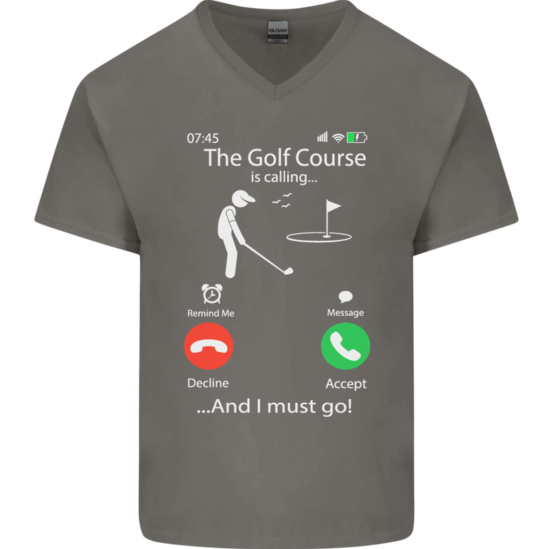 Golf Is Calling Golfer Golfing Funny Mens V-Neck Cotton T-Shirt Charcoal