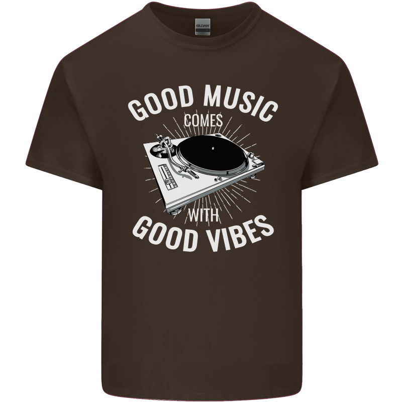 Good Music Vibes DJ Decks Vinyl Turntable Mens Cotton T-Shirt Tee Top Dark Chocolate