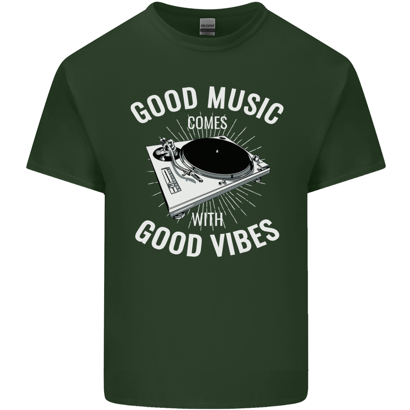 Good Music Vibes DJ Decks Vinyl Turntable Mens Cotton T-Shirt Tee Top Forest Green