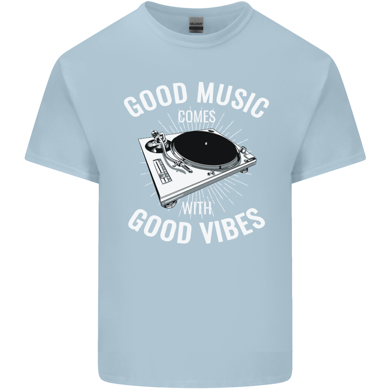 Good Music Vibes DJ Decks Vinyl Turntable Mens Cotton T-Shirt Tee Top Light Blue