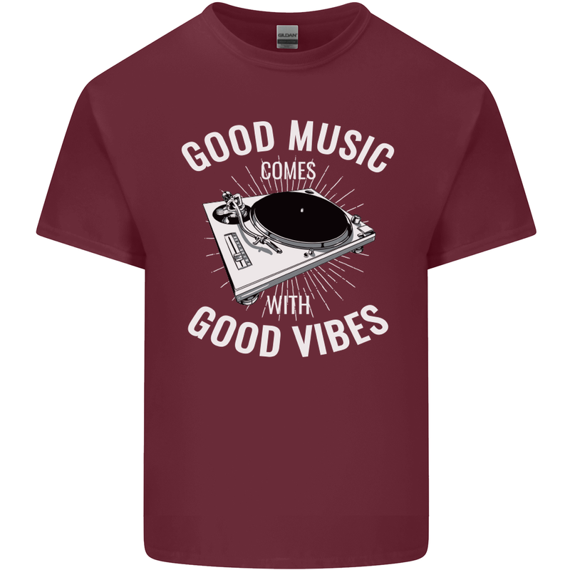 Good Music Vibes DJ Decks Vinyl Turntable Mens Cotton T-Shirt Tee Top Maroon