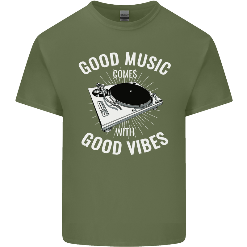 Good Music Vibes DJ Decks Vinyl Turntable Mens Cotton T-Shirt Tee Top Military Green