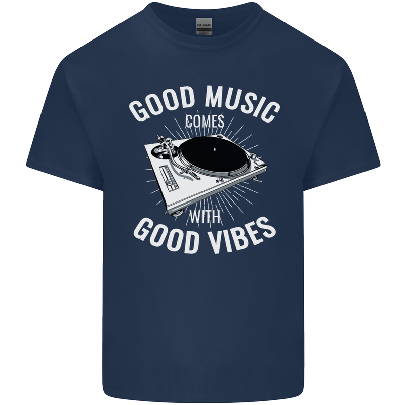 Good Music Vibes DJ Decks Vinyl Turntable Mens Cotton T-Shirt Tee Top Navy Blue