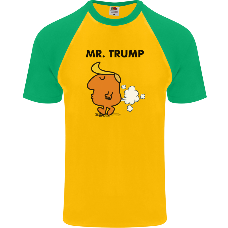 Donald Trump Fart Farting Flatulence Funny Mens S/S Baseball T-Shirt Gold/Green