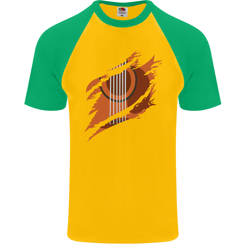Ripped Torn Acoustic Guitar Music Funny Mens S/S Baseball T-Shirt Gold/Green