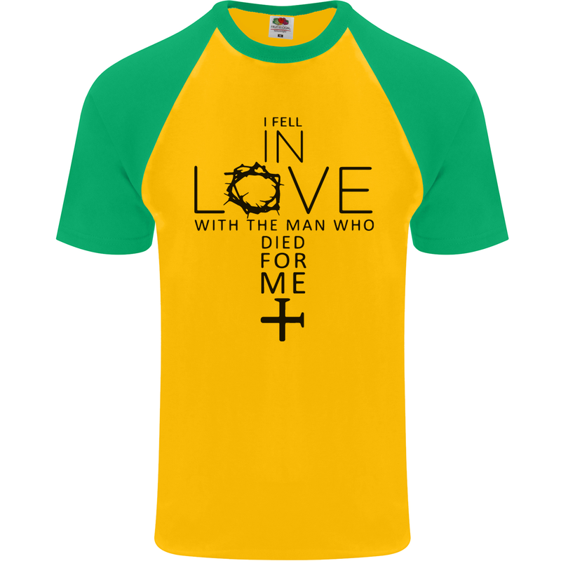 In Love With the Cross Christian Christ Mens S/S Baseball T-Shirt Gold/Green
