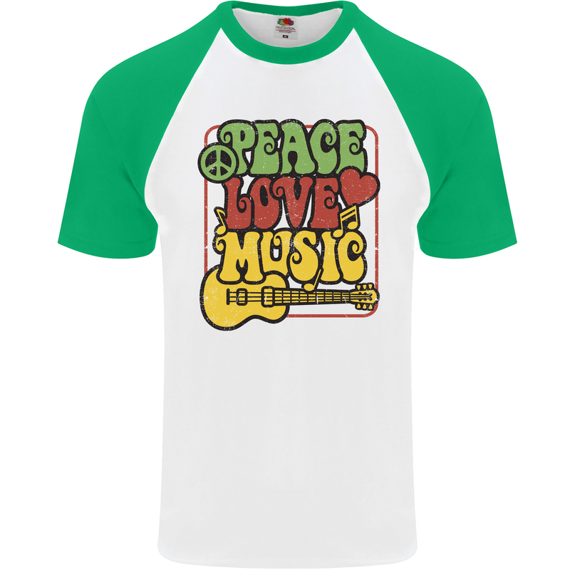 Peace Love Music Guitar Hippy Flower Power Mens S/S Baseball T-Shirt White/Green