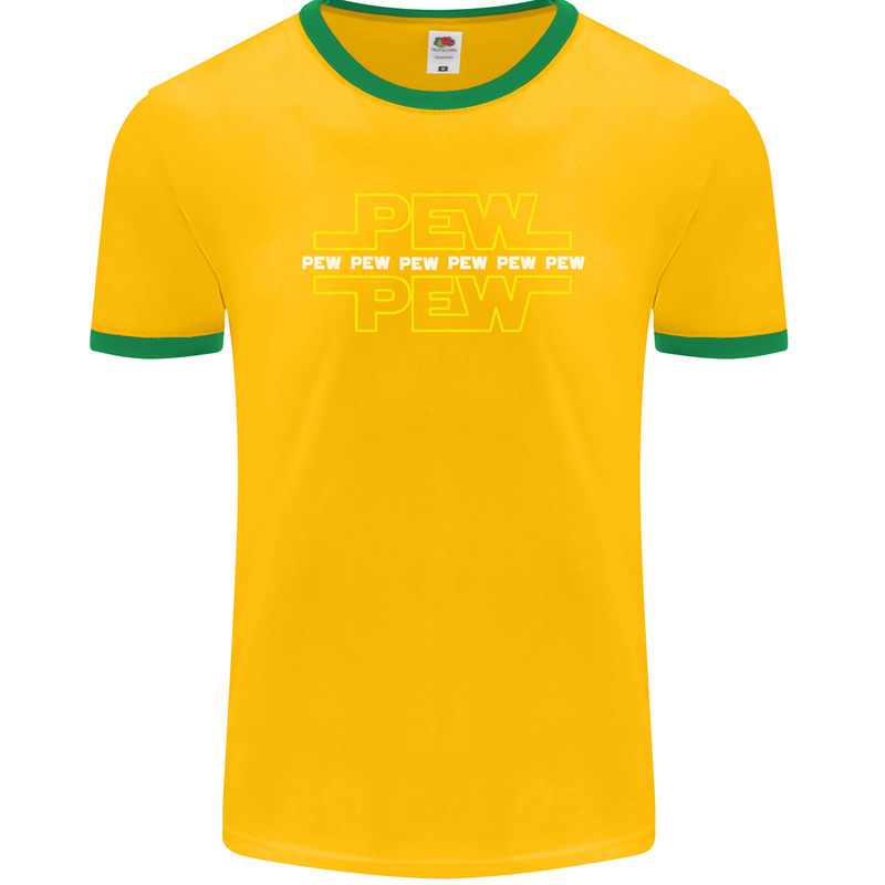 Pew Pew SCI-FI Movie Film Mens Ringer T-Shirt FotL Gold/Green