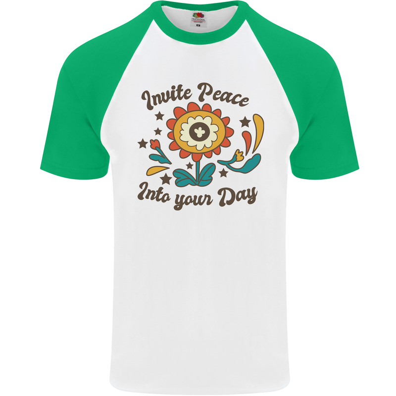 Invite Peace Day Hippy Flower Power Funny Mens S/S Baseball T-Shirt White/Green