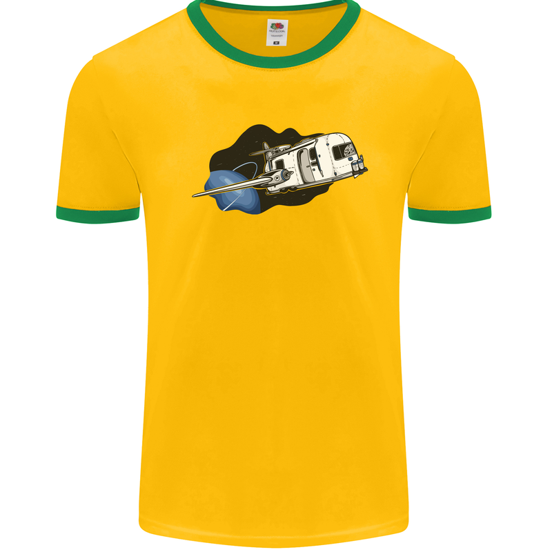 Funny Caravan Space Shuttle Caravanning Mens White Ringer T-Shirt Gold/Green
