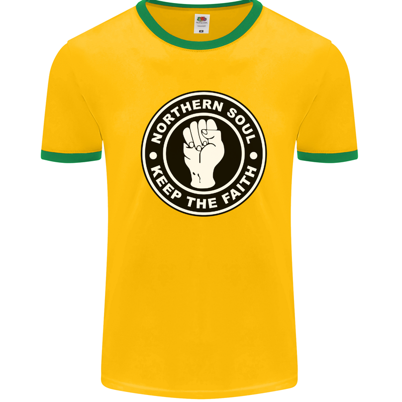 Northern Soul Keeping the Faith Mens White Ringer T-Shirt Gold/Green