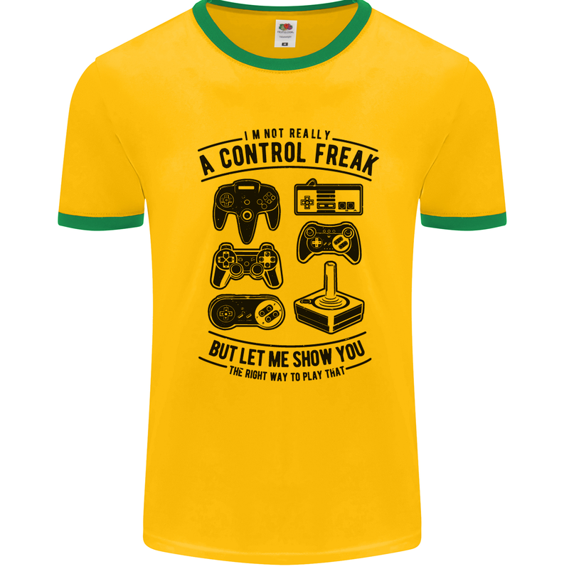 Control Freak Funny Gaming Gamer Mens White Ringer T-Shirt Gold/Green
