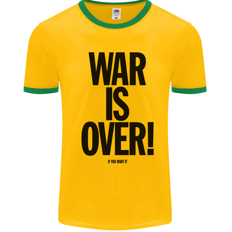War Is Over if You Want It John Lennon Mens White Ringer T-Shirt Gold/Green
