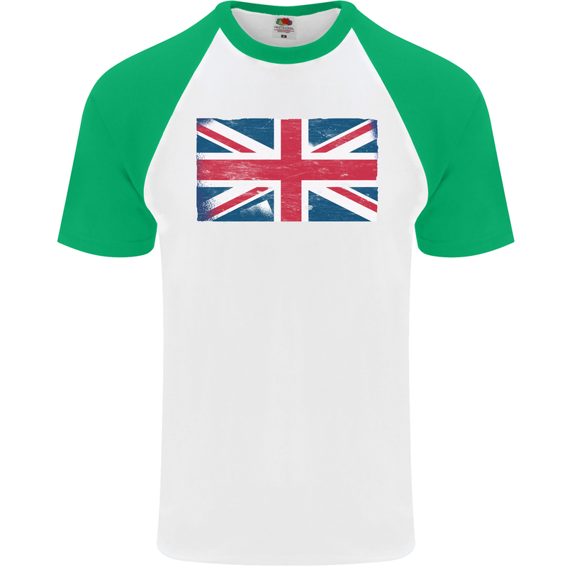 Distressed Union Jack Flag Great Britain Mens S/S Baseball T-Shirt White/Green