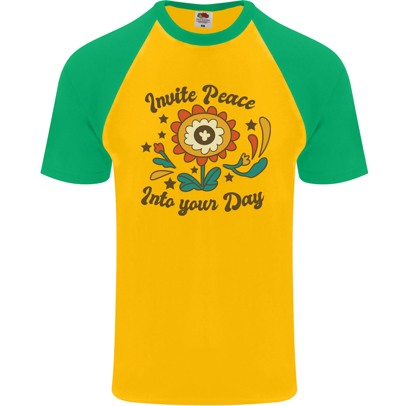 Invite Peace Day Hippy Flower Power Funny Mens S/S Baseball T-Shirt Gold/Green