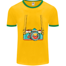 Photography Camera Around Neck Mens White Ringer T-Shirt Gold/Green