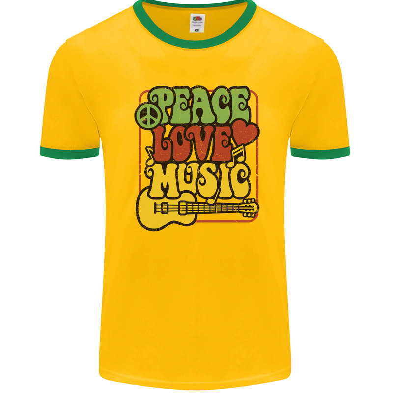 Peace Love Music Guitar Hippy Flower Power Mens Ringer T-Shirt FotL Gold/Green