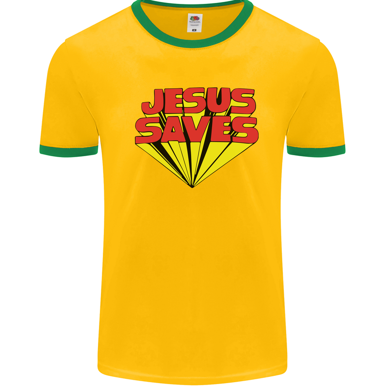 Jesus Saves Funny Christian Mens White Ringer T-Shirt Gold/Green