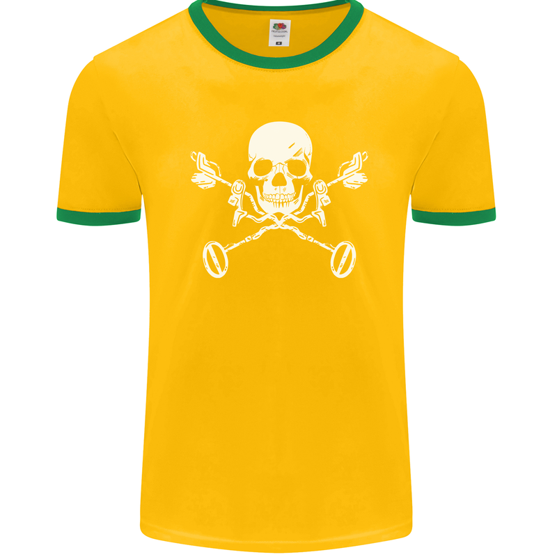 Metal Detector Skull Detecting Mens Ringer T-Shirt FotL Gold/Green