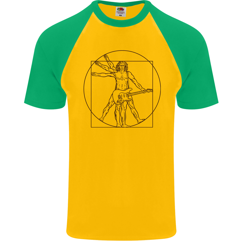 Guitar Vitruvian Man Guitarist Mens S/S Baseball T-Shirt Gold/Green