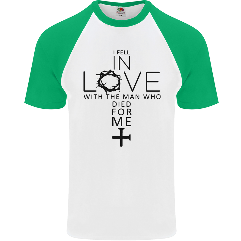 In Love With the Cross Christian Christ Mens S/S Baseball T-Shirt White/Green