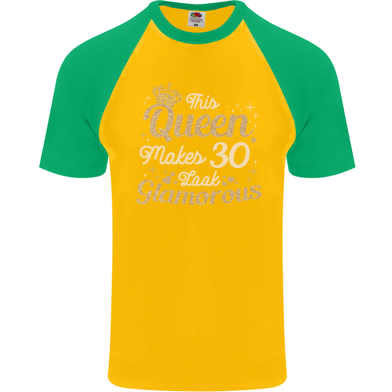 30th Birthday Queen Thirty Years Old 30 Mens S/S Baseball T-Shirt Gold/Green