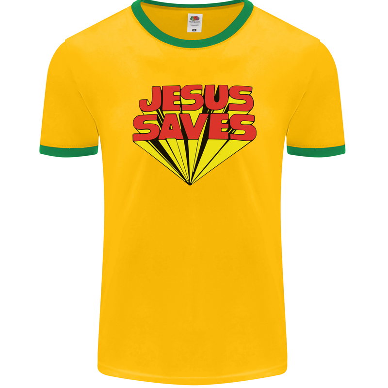 Jesus Saves Funny Christian Mens Ringer T-Shirt FotL Gold/Green