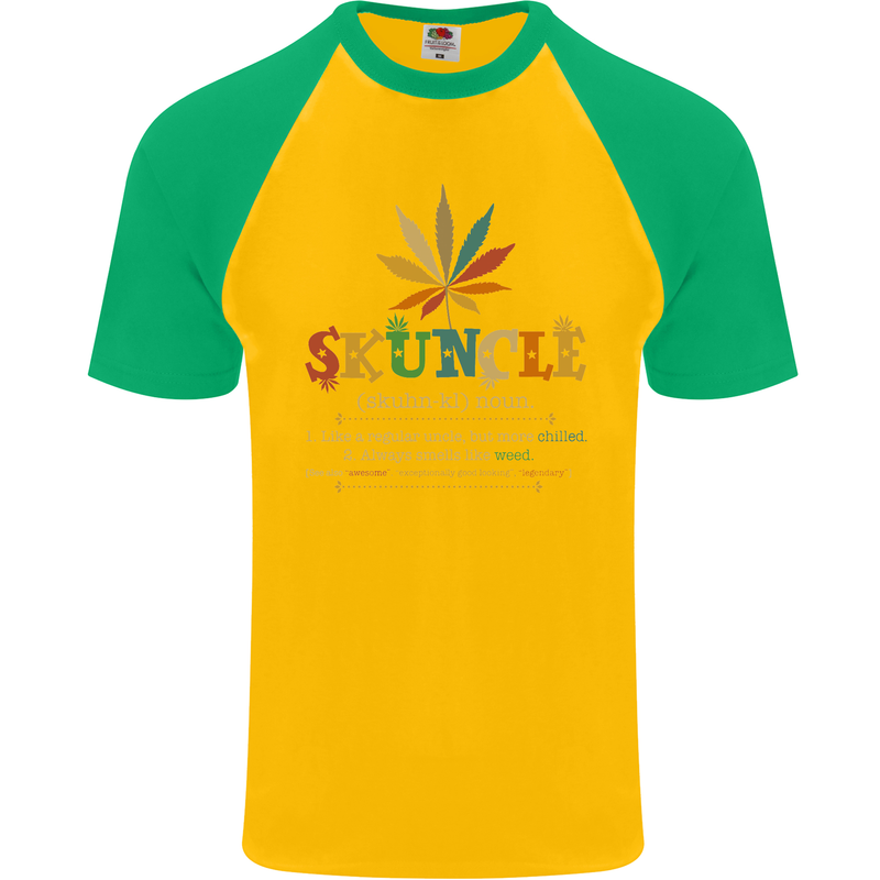 Skuncle Uncle That Smokes Weed Funny Drugs Mens S/S Baseball T-Shirt Gold/Green