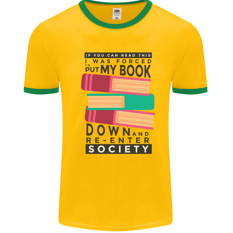 Book Reading Re-Enter Society Funny Mens White Ringer T-Shirt Gold/Green
