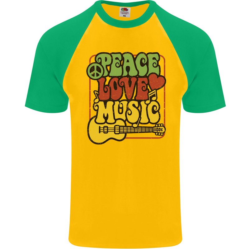 Peace Love Music Guitar Hippy Flower Power Mens S/S Baseball T-Shirt Gold/Green