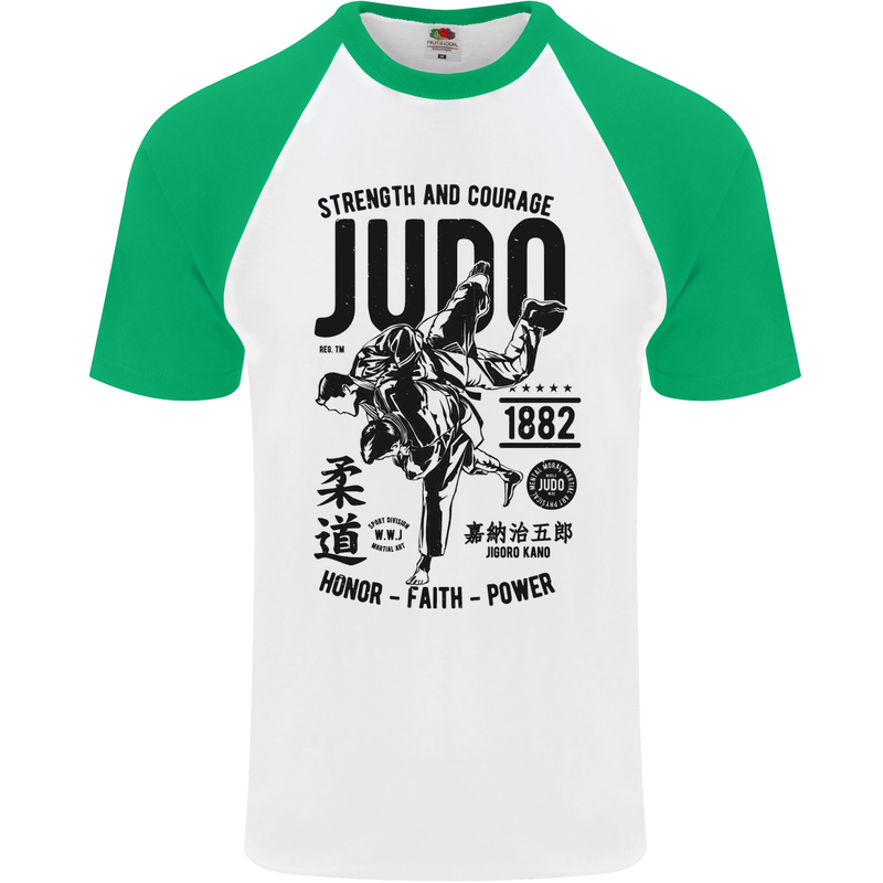 Judo Strength and Courage Martial Arts MMA Mens S/S Baseball T-Shirt White/Green