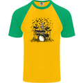 Skeleton Drummer Drumming Drum Skull Funny Mens S/S Baseball T-Shirt Gold/Green