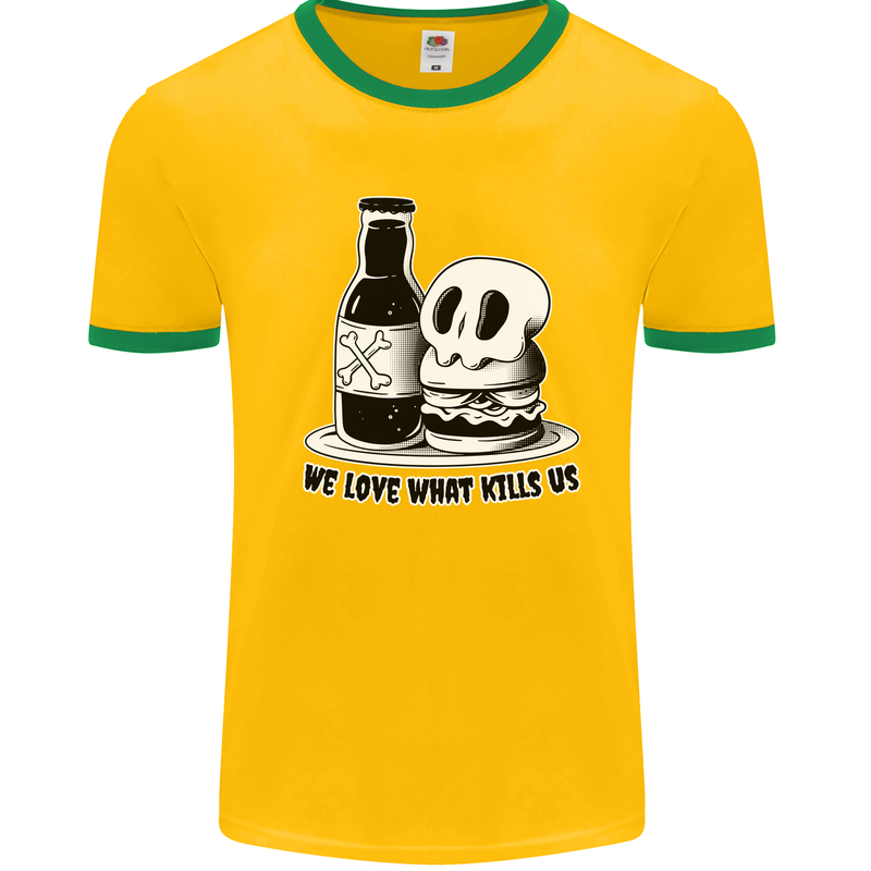 What We Love Kills Us Burger Food Skull Mens White Ringer T-Shirt Gold/Green