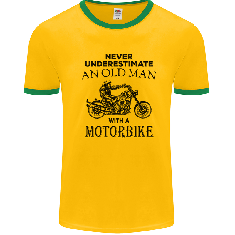 Old Man Motorbike Biker Motorcycle Funny Mens White Ringer T-Shirt Gold/Green