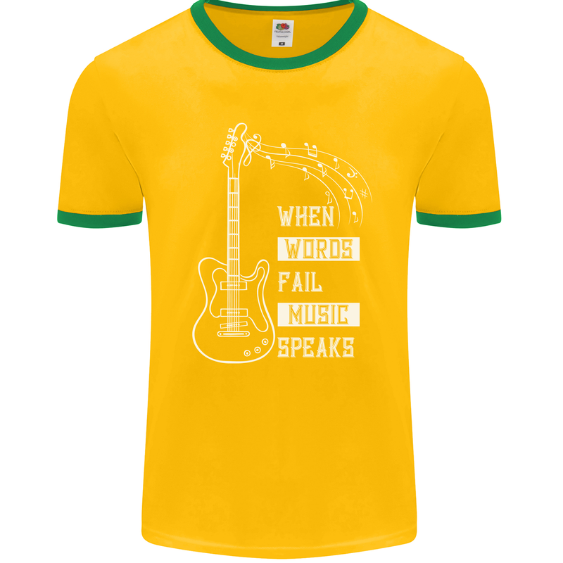 When Words Fail Music Speaks Guitar Mens Ringer T-Shirt FotL Gold/Green