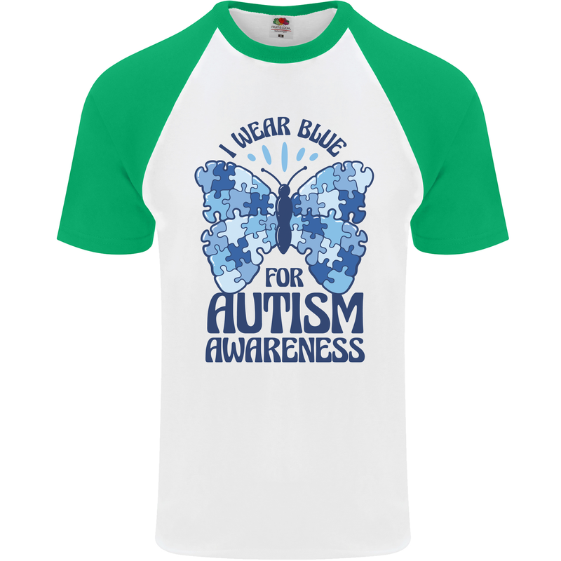 I Wear Blue For Autism Butterfly Autistic Mens S/S Baseball T-Shirt White/Green