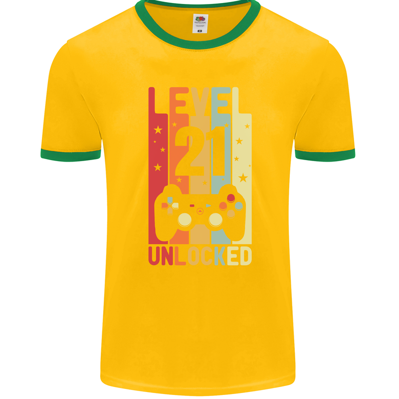 21st Birthday 21 Year Old Level Up Gamming Mens Ringer T-Shirt FotL Gold/Green