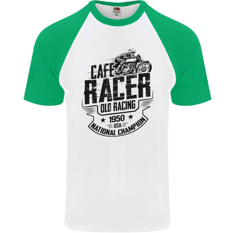 Cafe Racer Old Racing Motorcycle Biker Mens S/S Baseball T-Shirt White/Green