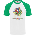 Dripping Rubik Cube Funny Puzzle Mens S/S Baseball T-Shirt White/Green