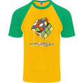 Dripping Rubik Cube Funny Puzzle Mens S/S Baseball T-Shirt Gold/Green
