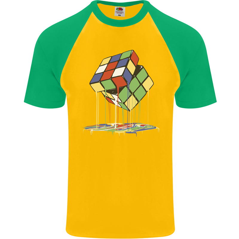 Dripping Rubik Cube Funny Puzzle Mens S/S Baseball T-Shirt Gold/Green