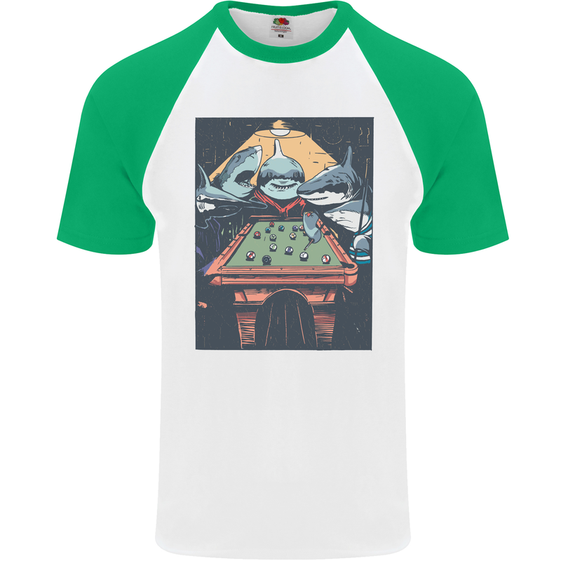 Pool Shark Snooker Player Mens S/S Baseball T-Shirt White/Green